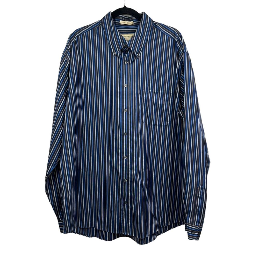 Eddie Bauer Men Button Down Shirt Striped Wrinkle Resistant Sleeve Blue XL Tall*